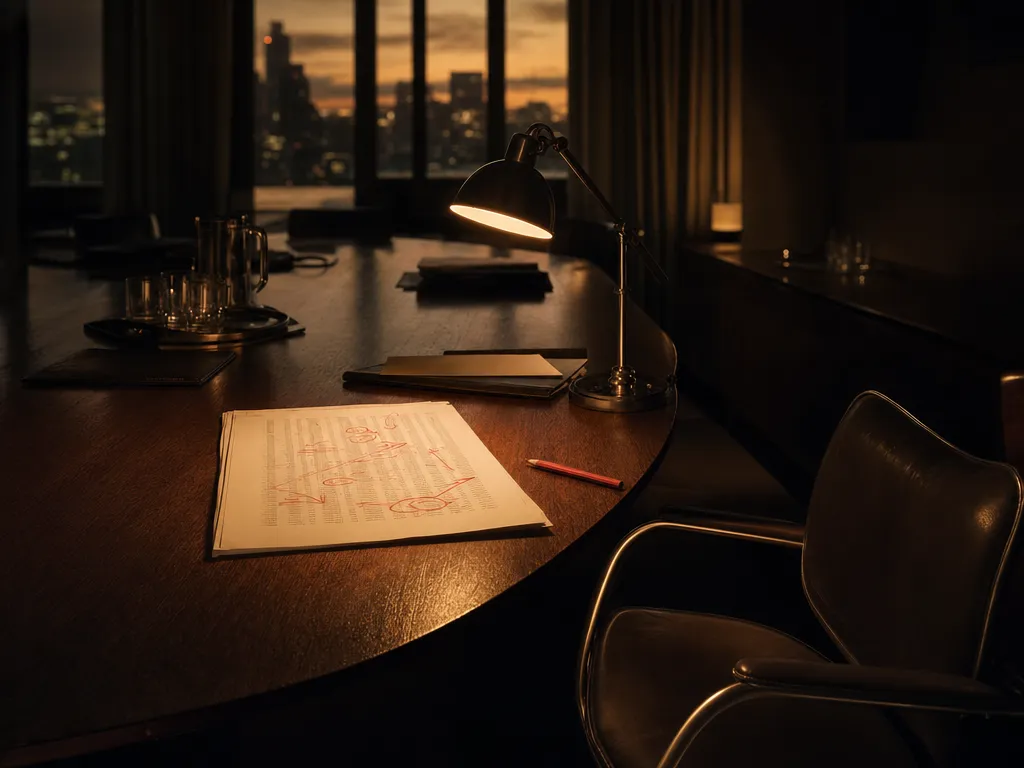 A results printout worked over in red pencil on a boardroom table before dawn, the pencil resting where the last mark ended.