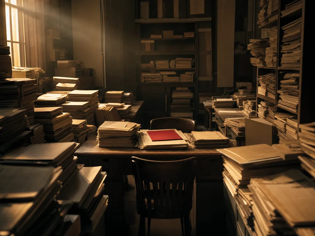 A single desk whose surrounding shelves and trays all lean their stacks toward one chair, a red folder atop the center pile.