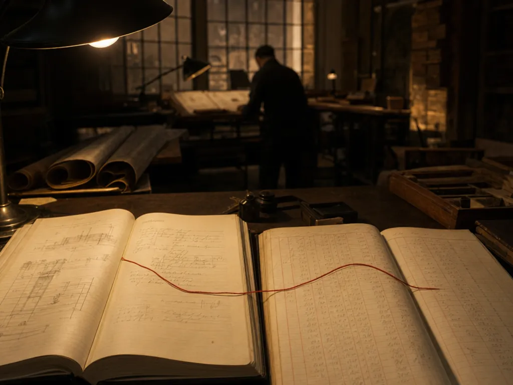 An engineering logbook and a financial ledger open side by side, joined line to line by a single red thread under lamplight.