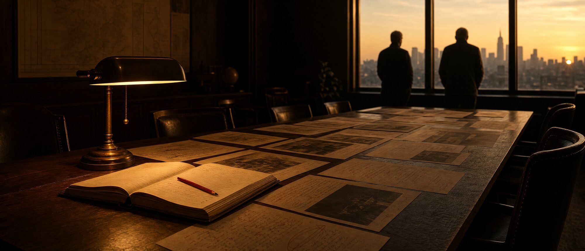 A long boardroom table at dawn covered with annotated printouts and an open ledger beside a lit brass lamp, two figures at the far window with their backs turned, a red pencil resting across the open page.