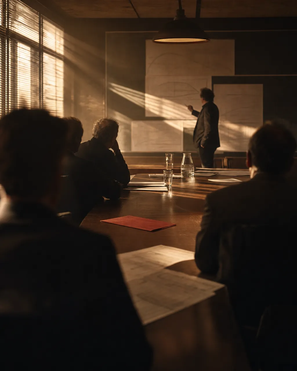 A boardroom seen from behind its listeners as a standing figure gestures over spread charts at the far end, morning light striping the air, a red folder closed at the table's center.