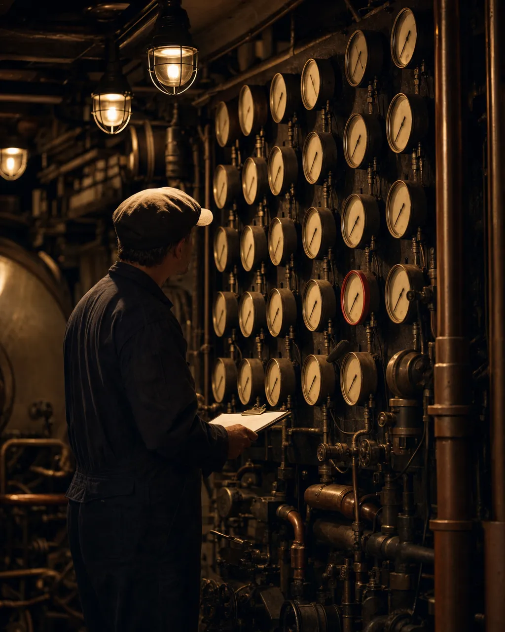 An engineer seen from behind reading a wall of unmarked gauges in a warm plant room, clipboard in hand, one red-rimmed gauge holding their attention.