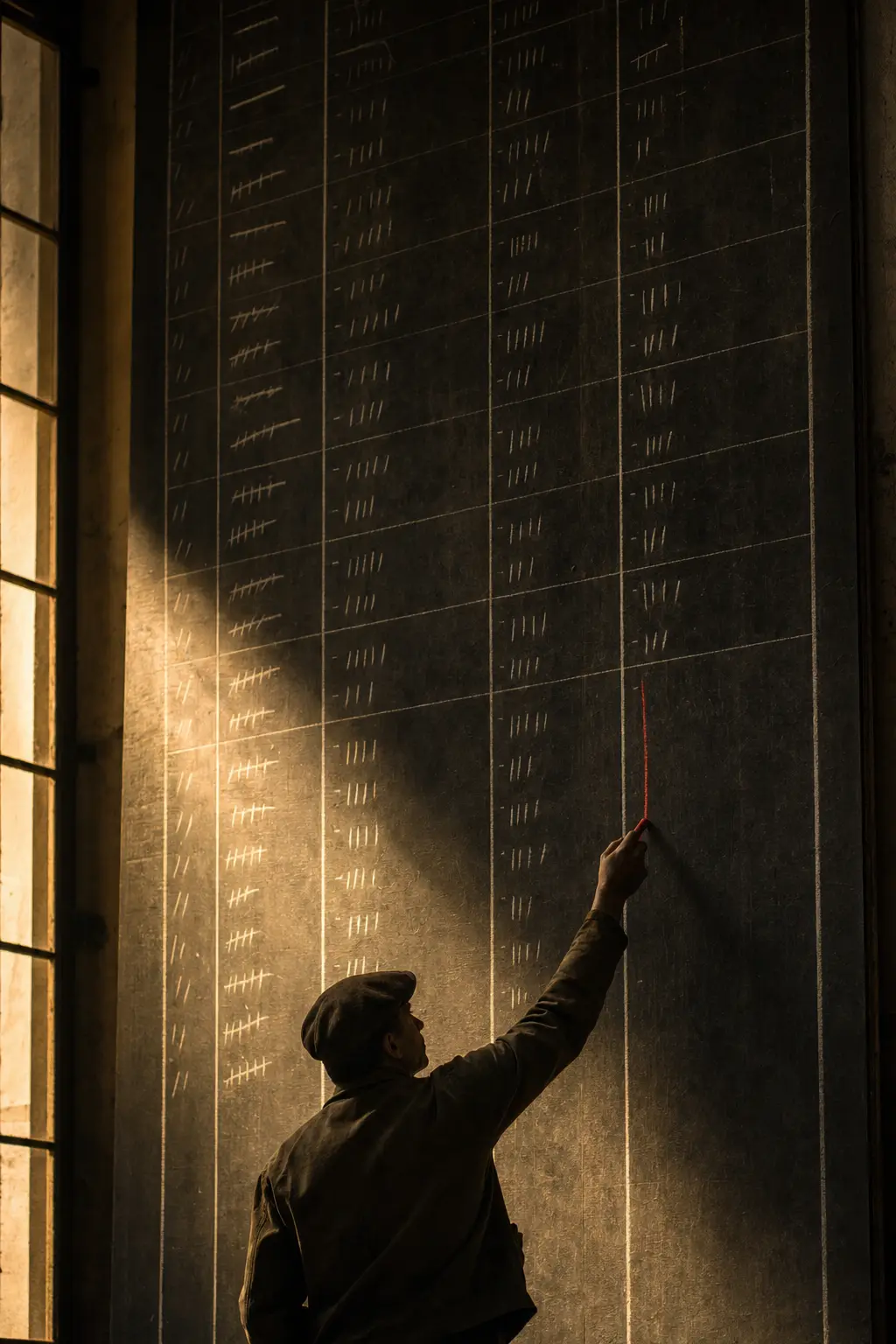 A figure seen from behind reaching up to draw a red chalk line on a tall slate board ruled with abstract tally columns, morning sun raking from a side window.