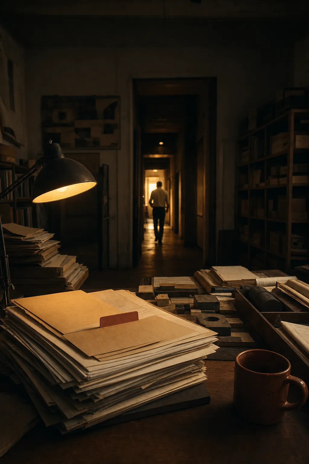 A desk stacked with folders and unfinished decisions under lamplight at dusk while a figure walks away toward a warmly lit corridor, a terracotta tab flagging the nearest pile.