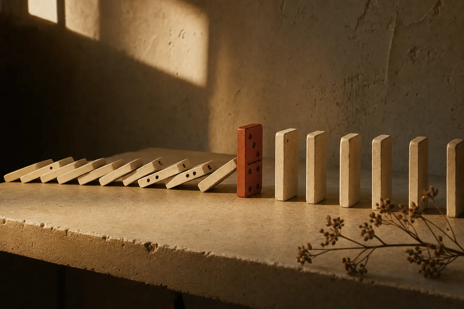 A run of falling cream dominoes stopped against a single standing terracotta domino, the line beyond untouched in raking light.