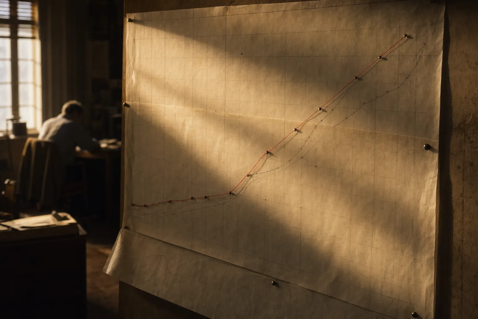 Two hand-plotted curves on overlaid drafting sheets tracking together, a red thread pinned along their shared path.