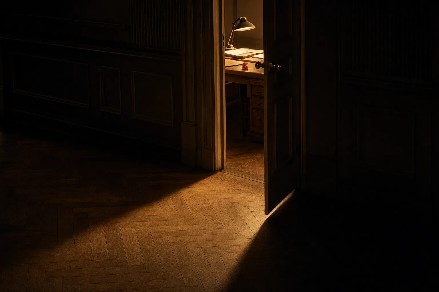 A panelled door ajar at night spilling warm lamplight across a herringbone floor, the corner of a worked desk visible through the gap.